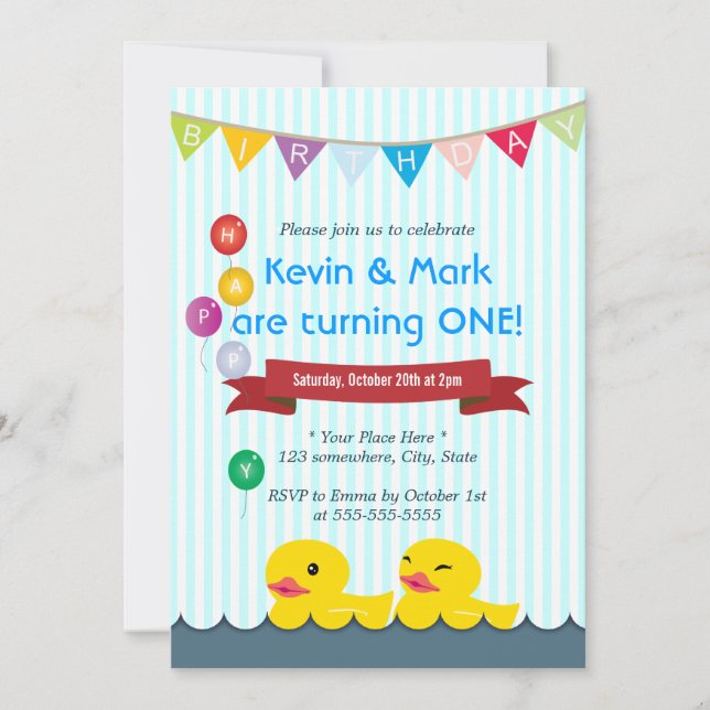 Cute Rubber Duck Twins Anniversaire Invitations (Devant)
