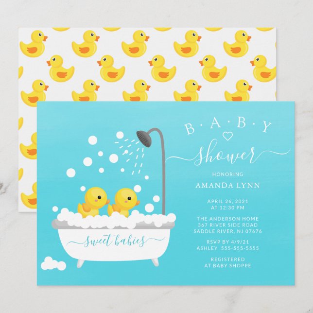 Cute Rubber Duck Twins Baby Shower Invitation (Front/Back)