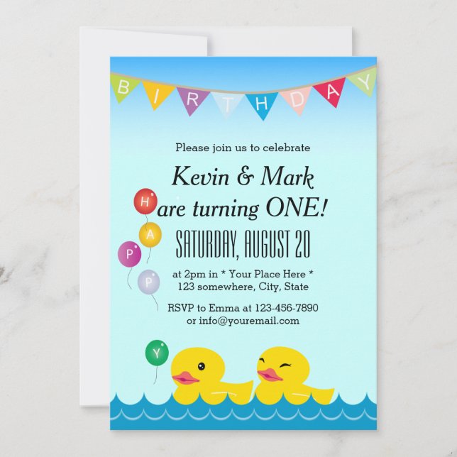Cute Rubber Ducks Twins Birthday Party Invitation (Front)