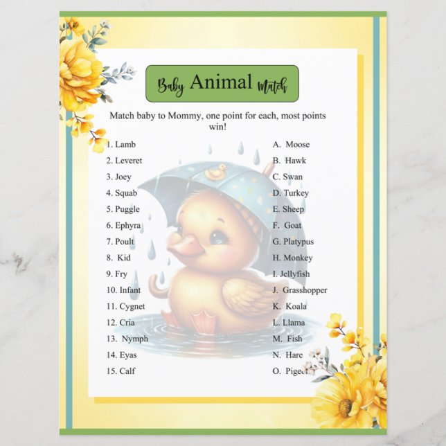 Cute Rubber Ducky Baby Shower Animal Match Game (Front)