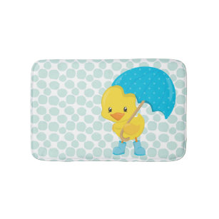 Cute Rubber Ducky on Blue Polka Dots Bath Mat