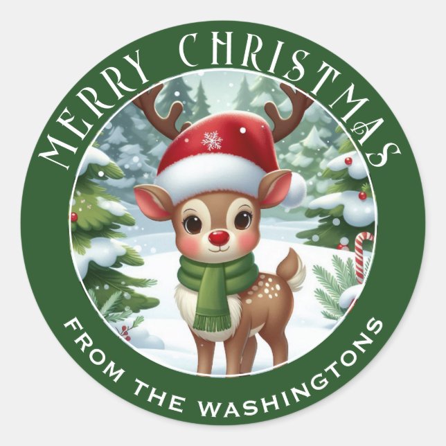 Cute Rudolph in Santa Hat, Personalized Christmas  Classic Round Sticker (Front)
