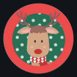 Cute Rudolph Reindeer Christmas Red Green Classic Round Sticker<br><div class="desc">Brighten up your packages and correspondence this winter with this cute red and green Rudolph the reindeer sticker on a snowflake background!  Perfect to use for Christmas!</div>