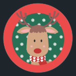 Cute Rudolph Reindeer Christmas Red Green Classic Round Sticker<br><div class="desc">Brighten up your packages and correspondence this winter with this cute red and green Rudolph the reindeer sticker on a snowflake background!  Perfect to use for Christmas!</div>