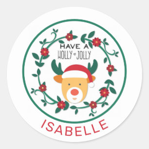 Cute Rudolph Reindeer Holly Jolly Christmas  Classic Round Sticker
