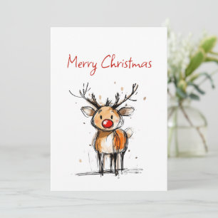 Cute Rudolph Reindeer Sketch Merry Christmas Holiday Card