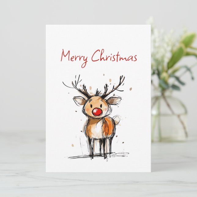 Cute Rudolph Reindeer Sketch Merry Christmas Holiday Card (Standing Front)