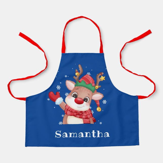 Cute Rudolph The Red Nose Reindeer Monogram Apron (Front)