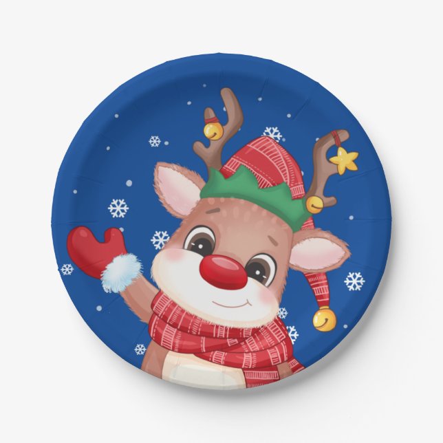 Cute Rudolph The Red Nose Reindeer Paper Plate (Front)