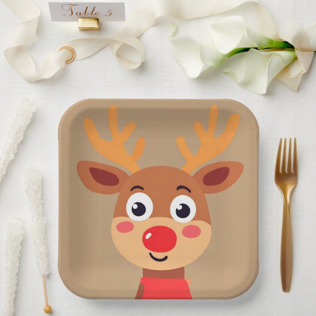 Cute Rudolph The Red Nose Reindeer Paper Plate (Wedding)