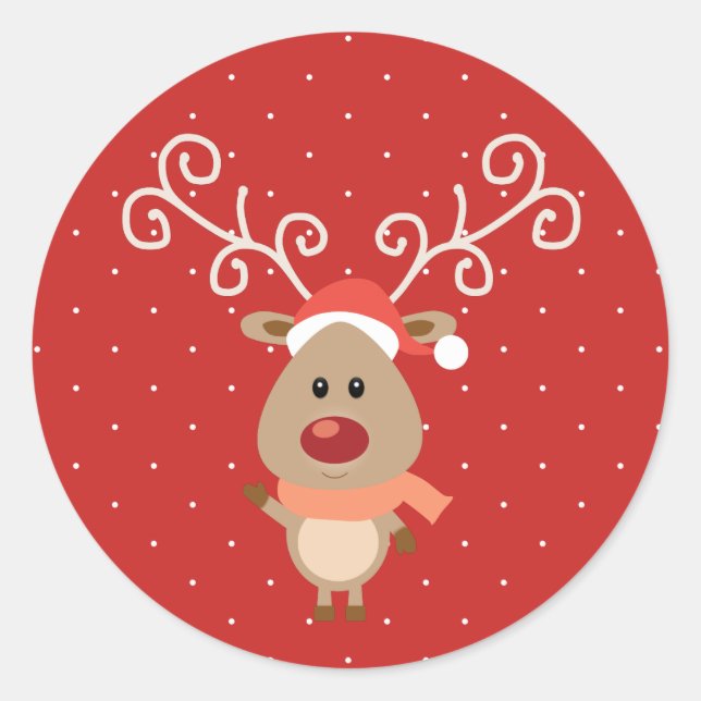 Cute Rudolph the red nosed reindeer cartoon Classic Round Sticker (Front)