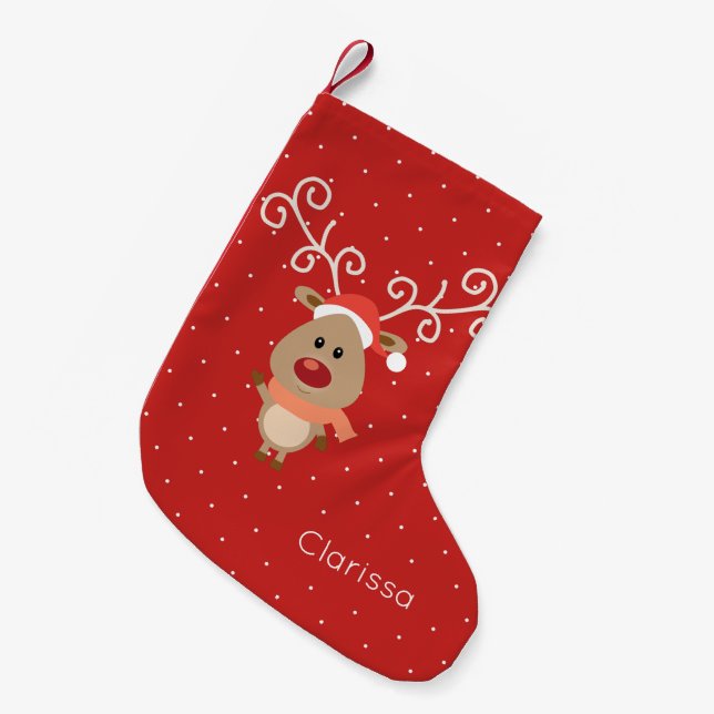 Cute Rudolph the red nosed reindeer cartoon Small Christmas Stocking (Front (Hanging))