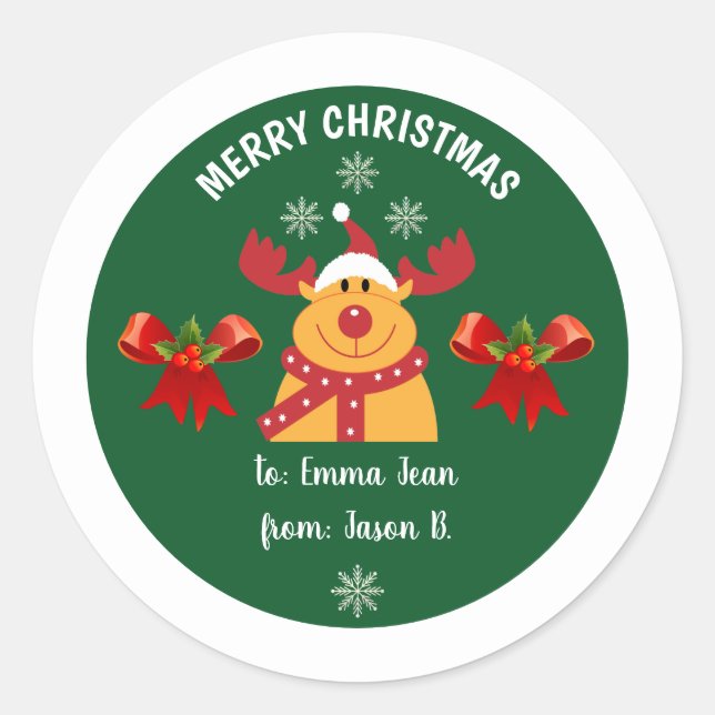 Cute Rudolph the Reindeer Merry Christmas To From  Classic Round Sticker (Front)