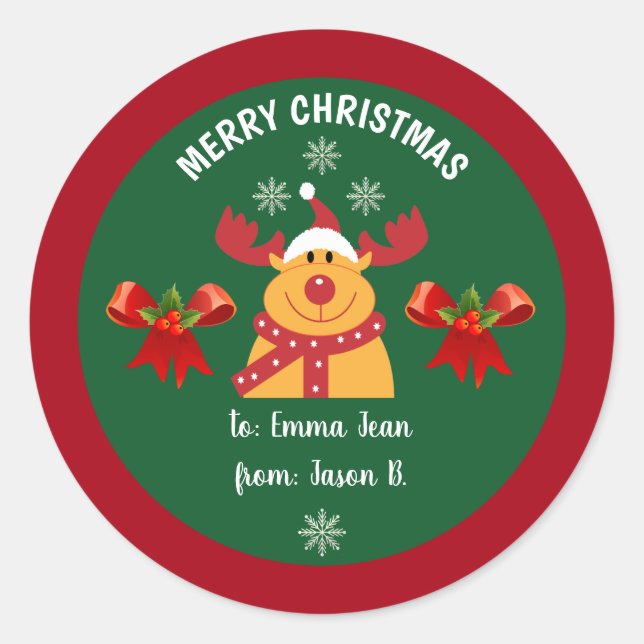 Cute Rudolph the Reindeer Merry Christmas To From  Classic Round Sticker (Front)