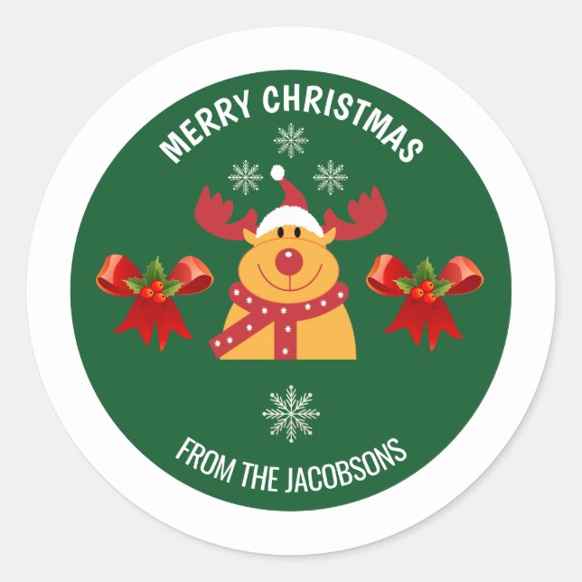Cute Rudolph the Reindeer Merry Xmas From Family Classic Round Sticker (Front)