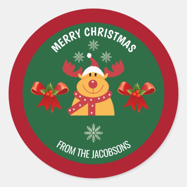 Cute Rudolph the Reindeer Merry Xmas From Family Classic Round Sticker (Front)