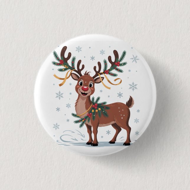 Cute Rudolph with Gold Accents 1 Inch Round Button (Front)