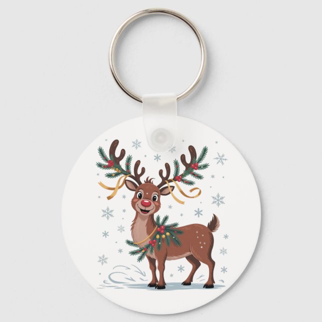Cute Rudolph with Gold Accents Keychain (Front)