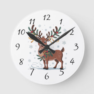 Cute Rudolph with Gold Accents Round Clock