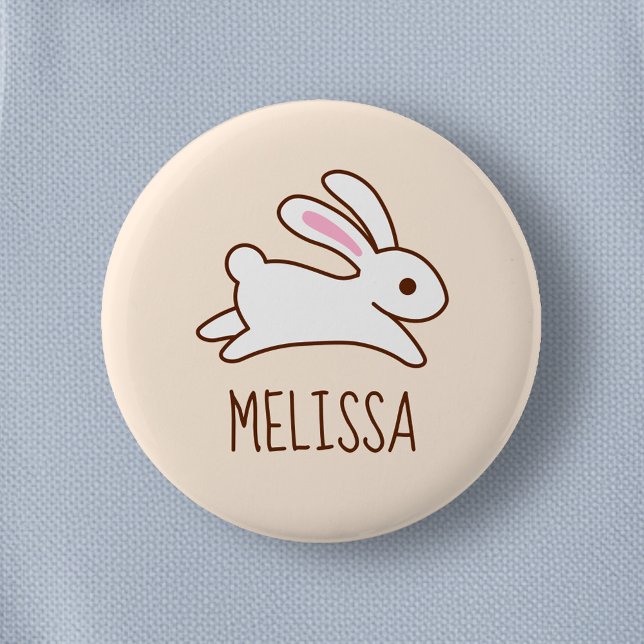 Cute Running Bunny Rabbit Custom Name Beige 2 Inch Round Button (Creator Uploaded)