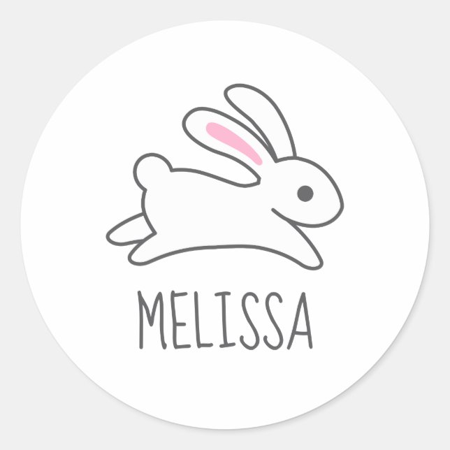 Cute Running Bunny Rabbit Custom Name Classic Round Sticker (Front)