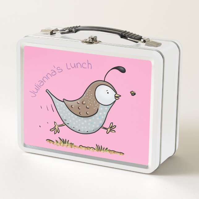 Cute running californian quail cartoon metal lunch box (Front)