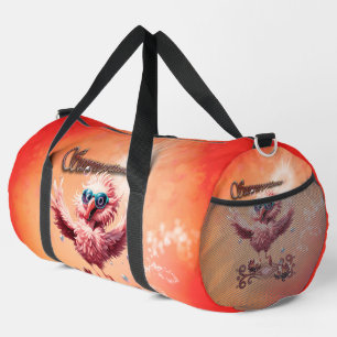 Cute running flamingo welcoming the summertime duffle bag