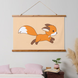 Cute Running Fox on Cream Hanging Tapestry