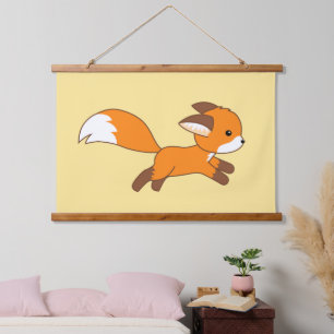 Cute Running Fox on Yellow Hanging Tapestry