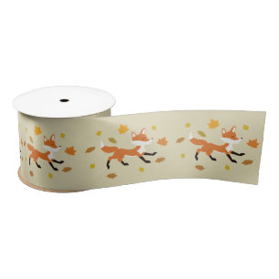Cute Running Fox With Autumn Leaves Illustration Satin Ribbon