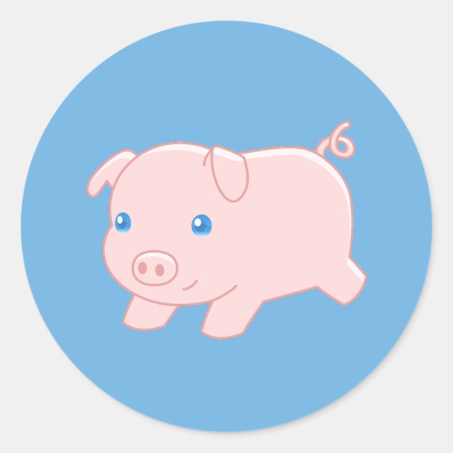 Cute Running Piglet Pig on Blue Classic Round Sticker (Front)