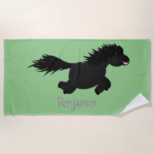 Cute running Shetland pony cartoon illustration Beach Towel