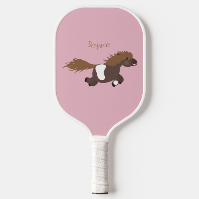 Cute running Shetland pony cartoon illustration Pickleball Paddle (Front)