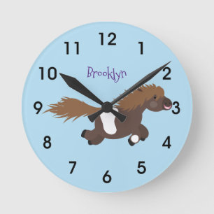 Cute running Shetland pony cartoon illustration Round Clock