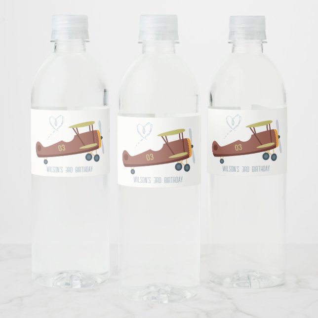 Cute Rust Blue Biplane Cloud Heart Kids Birthday Water Bottle Label (Bottles)