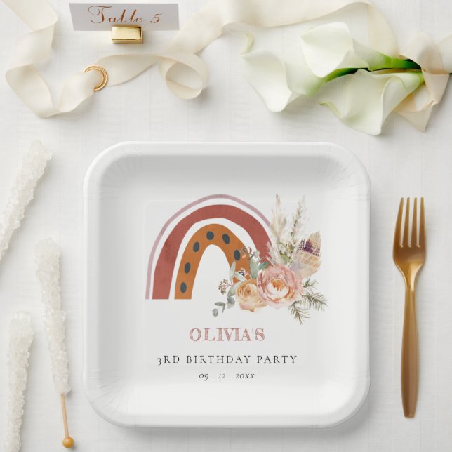 Cute Rust Boho Floral Rainbow Any Age Birthday Paper Plate (Wedding)