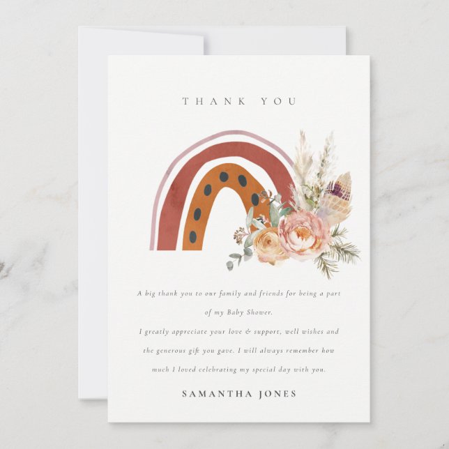 Cute Rust Boho Orange Floral Rainbow Baby Shower Thank You Card (Front)