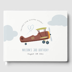 Cute Rust Green Blue Biplane Cloud Heart Birthday Guest Book