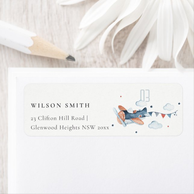 Cute Rust Navy Kid Plane Clouds Stars Address (Insitu)