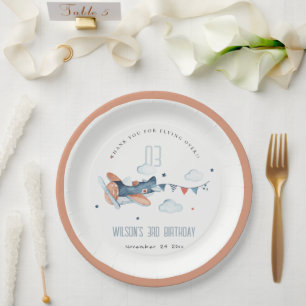 Cute Rust Navy Kids Plane Stars Sky Cloud Birthday Paper Plate