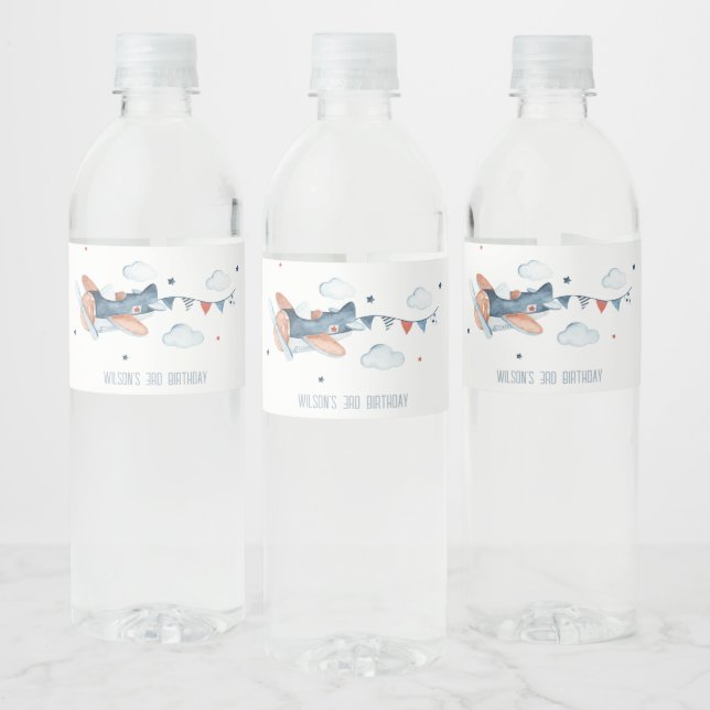 Cute Rust Navy Plane Cloud Stars Kids Birthday Water Bottle Label (Bottles)