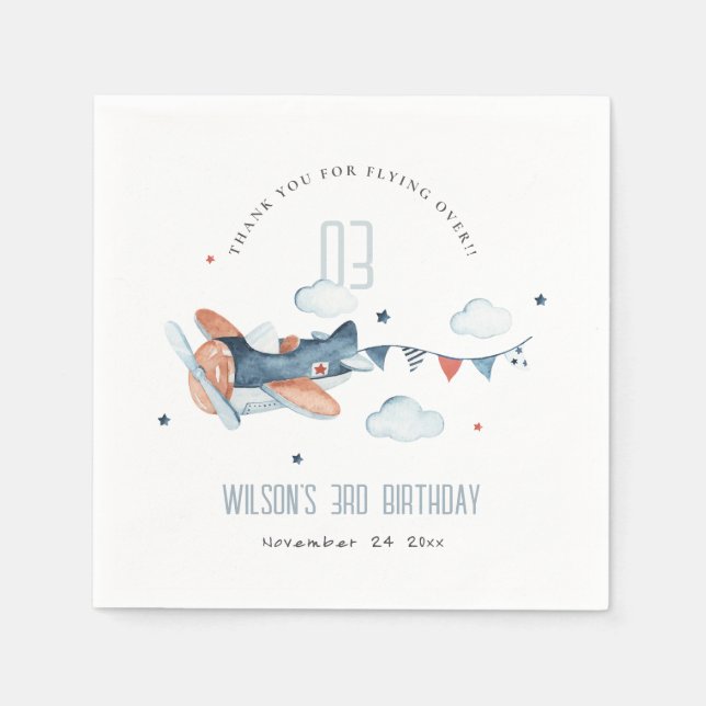 Cute Rust Navy Plane Cloud Stars Sky Birthday Napkin (Front)