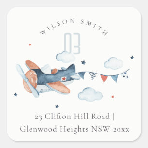Cute Rust Navy Plane Clouds Stars Sky Address Square Sticker