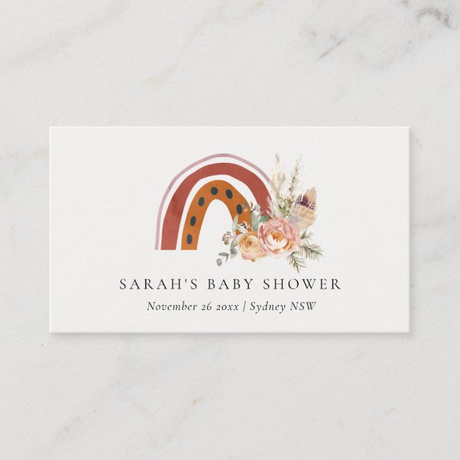 Cute Rust Orange Boho Floral Rainbow Baby Shower Place Card (Front)