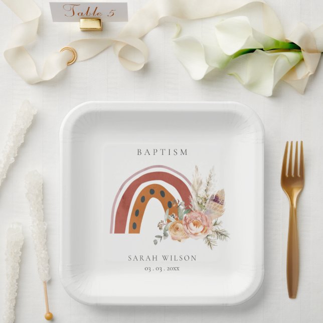 Cute Rust Orange Boho Floral Rainbow Cross Baptism Paper Plate (Wedding)