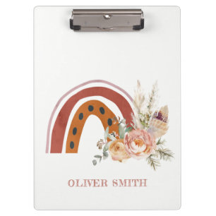 Cute Rust Orange Boho Floral Rainbow Watercolor Clipboard