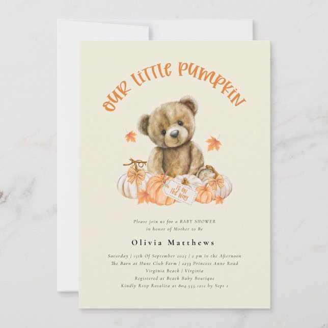 Cute Rustic Bear with Pumpkins Autumn Baby Shower  Invitation (Front)