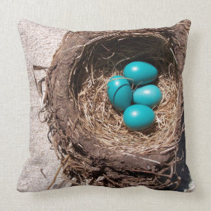 Cute Rustic Bird's Nest Blue Robin Eggs Throw Pillow