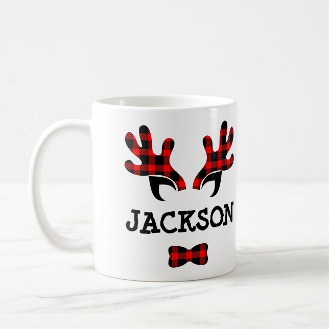 Cute Rustic Buffalo Plaid Reindeer Antlers Name Coffee Mug (Left)