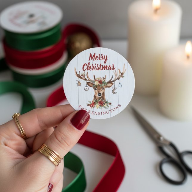 Cute Rustic Christmas Deer Ornaments Holiday Classic Round Sticker (Cute Rustic Christmas Deer Ornaments Holiday Classic Round Stickers)